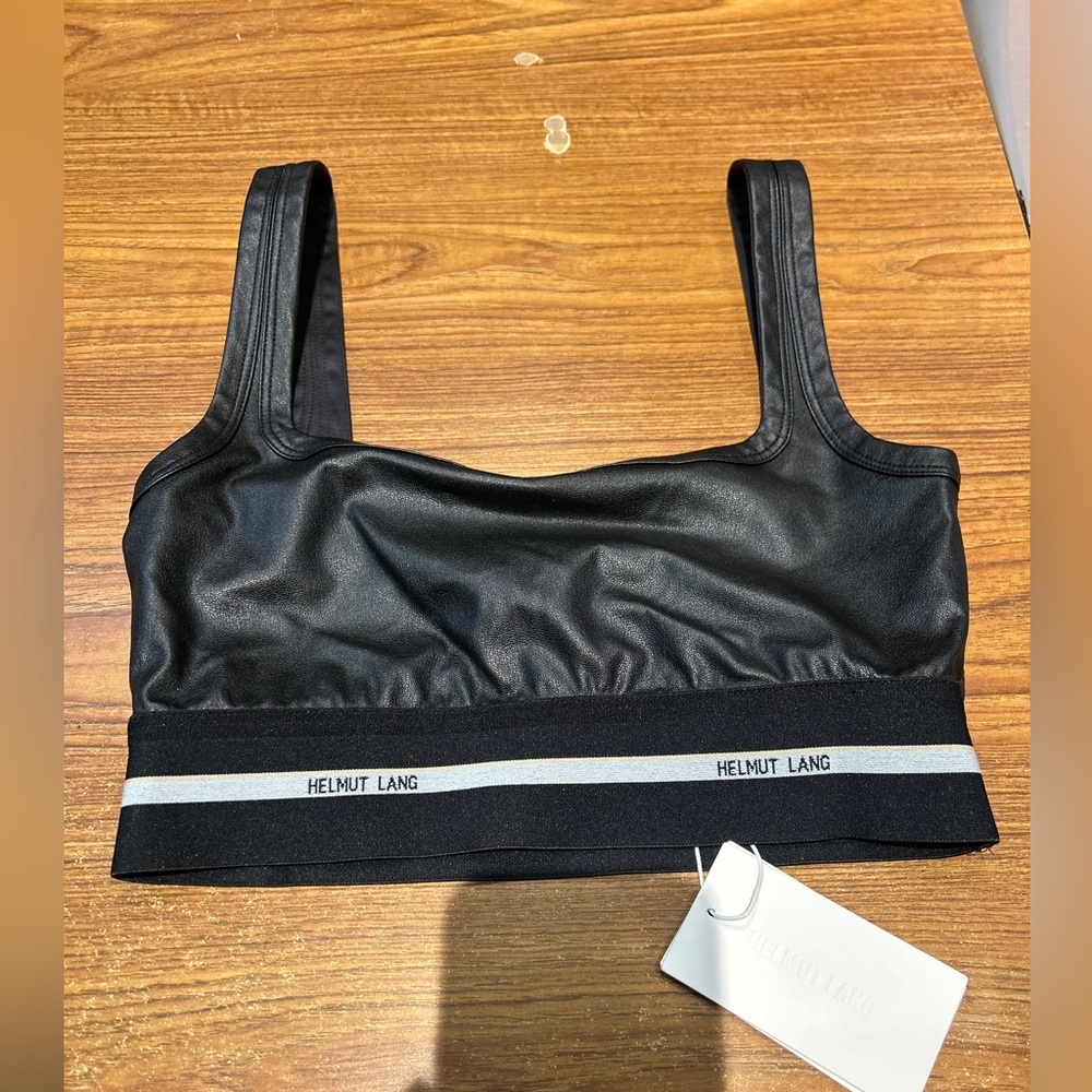 Helmut Lang Black Crop Top Logo Band Faux Leather Cotton Spandex - Picture 8 of 12
